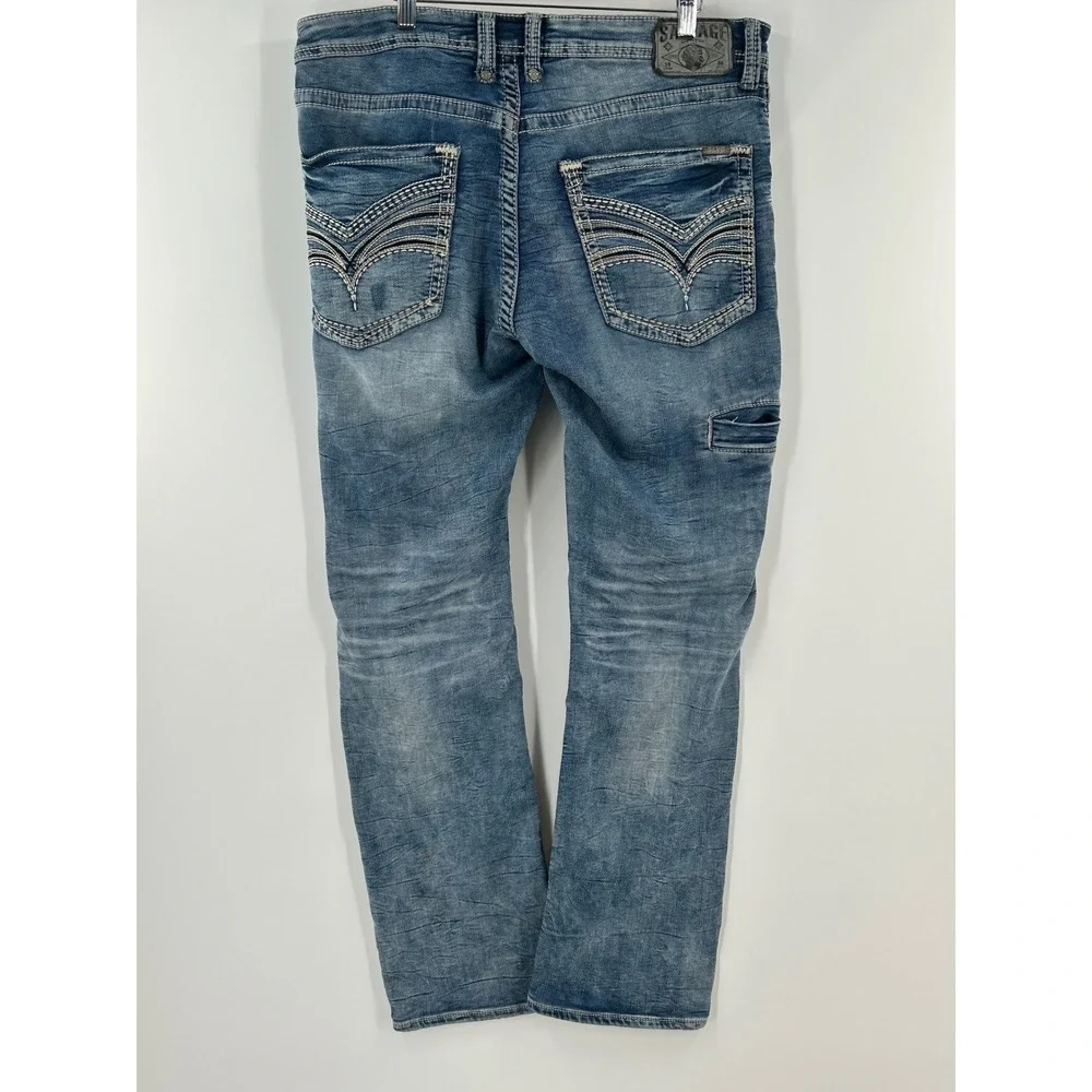 Salvage Havoc Mens Straight Leg Distressed Jeans Blue Medium Wash 36x32 Biker